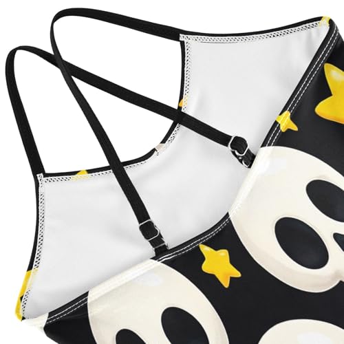 Cute White Skulls Yellow Stars Girls Swim Suit with Adjustable Shoulder Strap, Beach Swimsuit, 3-104