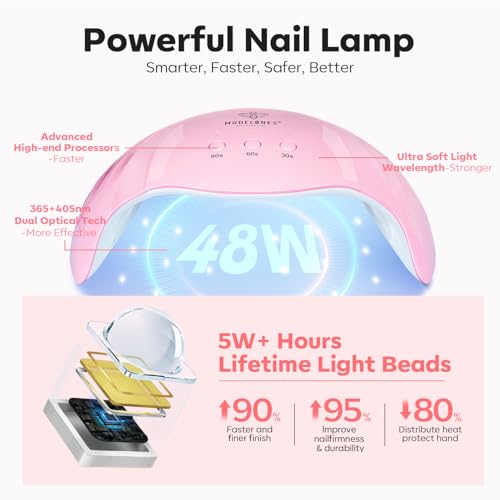 Kit de unhas de gel de extensão de poliéster da Modelones – 6 cores com lâmpada de unha de 48 W U V/
