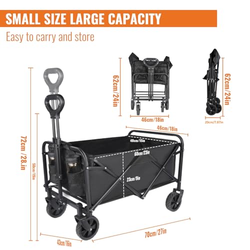 Bollerwagen Faltbar, 120L 120KG Belastbar Bollerwagen, 360° Geländeräder, 70 x 43 x 72cm Faltwagen Strandwagen mit 2 Getränkehalter 12cm Reifen für Camping Strand Einkaufen (Schwarz)
