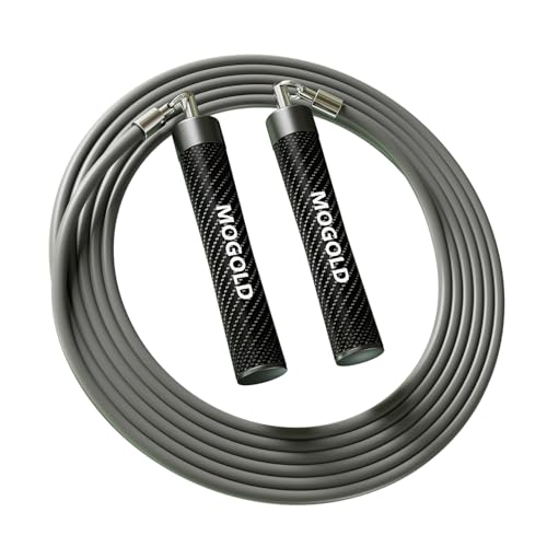 MOGOLD 1LB Jump Ropes for Women & Men - PVC Jump Rope Weighted Cable - Thick Leather Handle Grip,Best for Weight-loss, Calorie-Burning (Grey, M - 8'4(User Height 5'4" - 5'7"))
