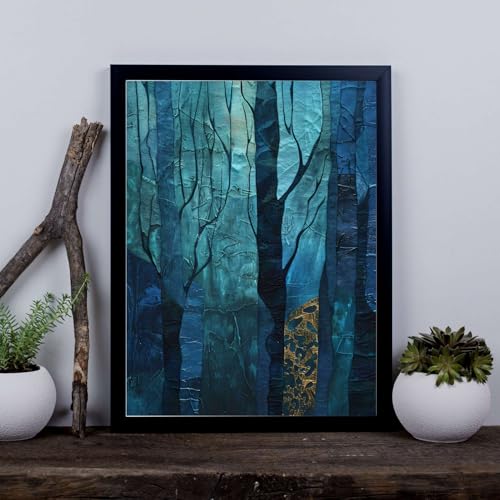 Tableau forêt sombre avec formes d'arbre sculpté, œuvre encadrée luxe