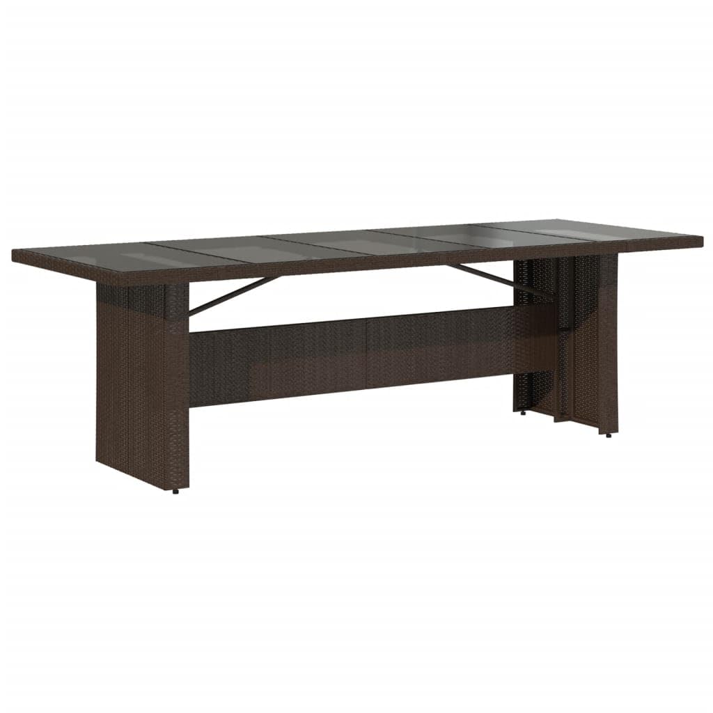 Stół ogrodowy ze szklanym blatem, brązowy, 240 x 90 x 75 cm, polirattan, stal malowana proszkowo, stół outdoorowy, na taras, balkon, do ogrodu, dla rodziny, gości, pikników, jedzenia