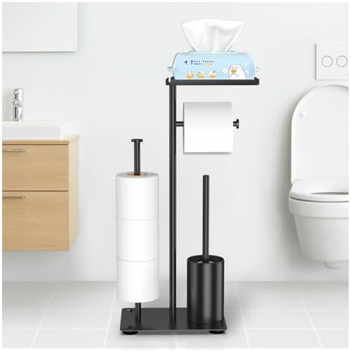 Portarrollos de Papel Higiénico de Acero Inoxidable, Porta Rollos de Papel Higienico con Escobilla de Baño, Portarrollos Papel Higienico de Pie con Capacidad para 5 Rollos de Repuesto (Negro)