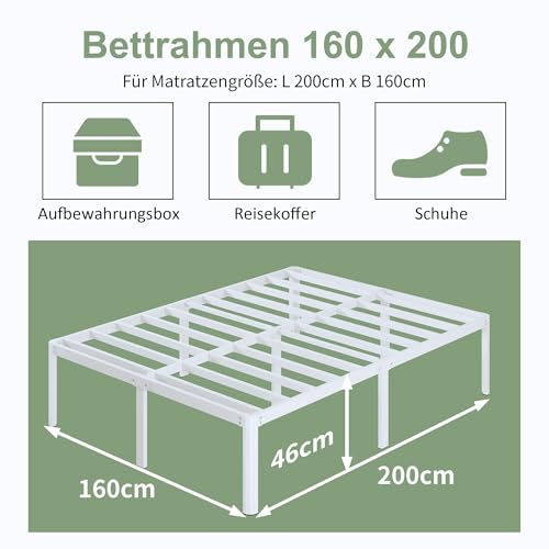 160x200cm Bett Weiß mit Runde Eckbeine, Höhe 46cm Schweres Metallbett, Doppelbett 160x200 mit Lattenrost, Bettgestell mit Viel Stauraum unter dem Bett, Geräuschfrei, Einfacher Aufbau – Bild 3