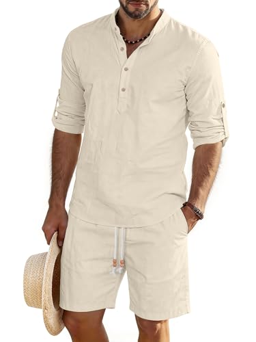JEMLDL Mens Beach 2 Piece Linen Cotton Long Sleeve Cuban Henley Shirt and Shorts Sets Summer Vacation Outfits Beige L