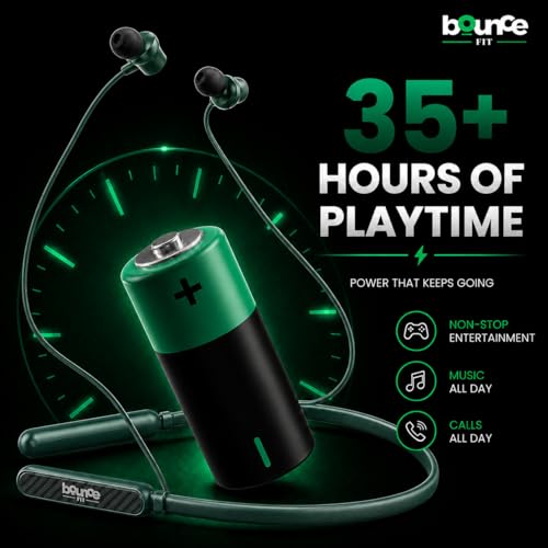 Image of Bouncefit Sonic 144 Bluetooth Wireless Neckband, 35H Continuous Playback Battery, Deep Bass, Stereo Sound, HD Calls, Type C Fast Charging, Rich Audio, Bluetooth Neckband with Mic Earphones (Green)