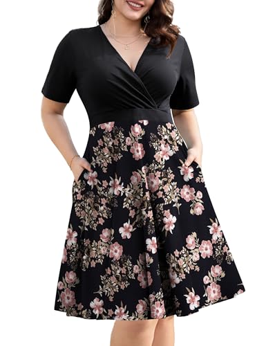 Image of Ahlaray Plus Size Faux Wrap Dress for Curvy Women with Pockets | Flattering faux wrap V-neck with soft stretch fabric and pockets for work, weddings and everyday comfort.