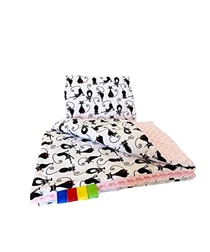 Welt der Träume Babydecke mit Kissen Kuscheldecke Baumwolldecke Kinderdecke Spieldecke Krabbeldecke mit super weichem Minky Baumwolle Decke 75 x 100cm Kissen 30 x 35cm (Katze/rosa)