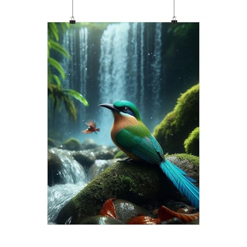 Turquoise-browed Motmot Poster - Jungle Waterfall Scene - Made in USA