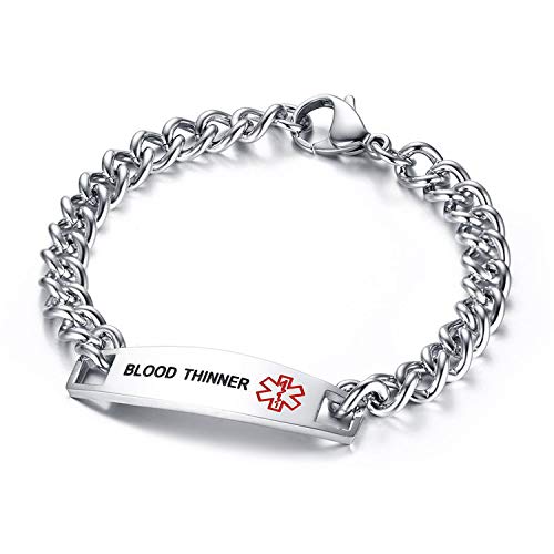 Oidea Medical Alert ID Medical Stainless Steel Men's or Women's Silver Chain Bracelet, Medical Alert for Choice Blood Thinner