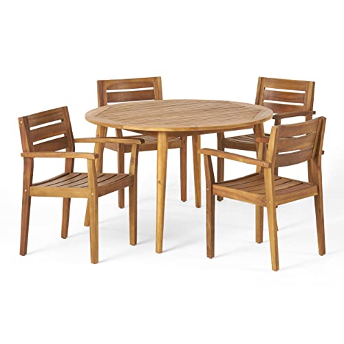 Christopher Knight Home Keth Outdoor 5 Piece Acacia Wood Dining Set, Teak Finish
