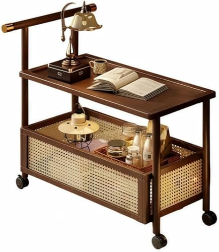 MNJVCFDS 2-Level Wooden Rolling Cart with Tabletop Side Table Nightstand with Handrails Rattan Basket Storage Modern Coffee Table for Room All Occasion