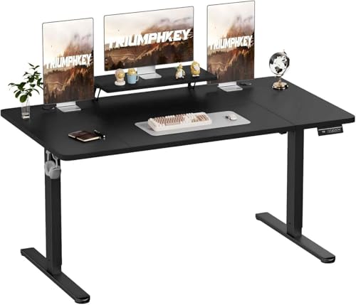 TRIUMPHKEY 140 x 60cm Höhenverstellbarer Schreibtisch mit Monitorständer, Schreibtisch Höhenverstellbar Elektrisch Ergonomischer Steh-Sitz Tisch, Standing Desk, Schwarz