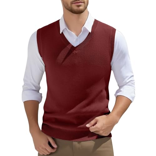Vekewsap Chaleco de punto para hombre, corte ajustado, cuello en V, jersey de punto, chaleco de punto, monocolor, sin mangas, jersey de punto ajustado, chaleco de invierno sin mangas, Rojo sandía, M