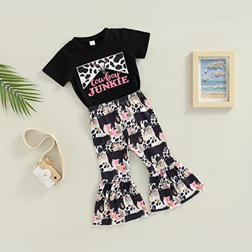 2T 4T Toddler Western Baby Girl Outfit Summer Cotton T-Shirt Tops Cow Printing Bell Bottom Flare Pants Set (Black,2-3T) #TOP2