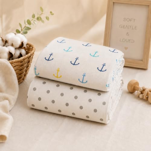 Image of Organic Cotton Muslin Pack of 2 Baby Bath Towel Cotton Cloth Premium Baby Washable, Reusable, Absorbent, Extra Soft 120 X 120 Cm Anchor & Grey Dot