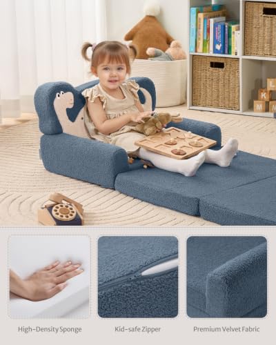 Image of Blissful Diary Kids Couch, 2-in-1 Soft Fold Out Kids Couch, Kids Sofa Chair, Comfy Kids Furniture for Playroom, Reading & Play, Blue Dinosaur | 50.8 inch Fold-Out Play Area, Supportive Foam, Washable Cover, Carry Handle, Pre-Assembled, Kid-Safe Zipper