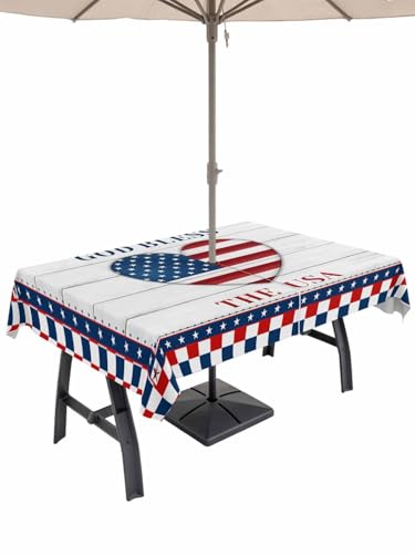 Independence Day Outdoor Rectangle Tablecloth with Umbrella Hole and Zipper, 60x120 in, God Bless the USA Red Blue Checker Plaid Waterproof Tablecloth Zippered Tabletop Collection for Picnic Patio