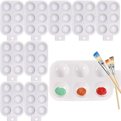 パレット 樹脂 塗料皿 持ち手付 10枚セット 絵皿 補助パレット 6穴 小分けパレット プラスチック 持ち運びが容易 お手入れが簡単 塗装用 水彩 絵画 多用途に使える 初心者 子供から大人まで使用可能 （ホワイト）