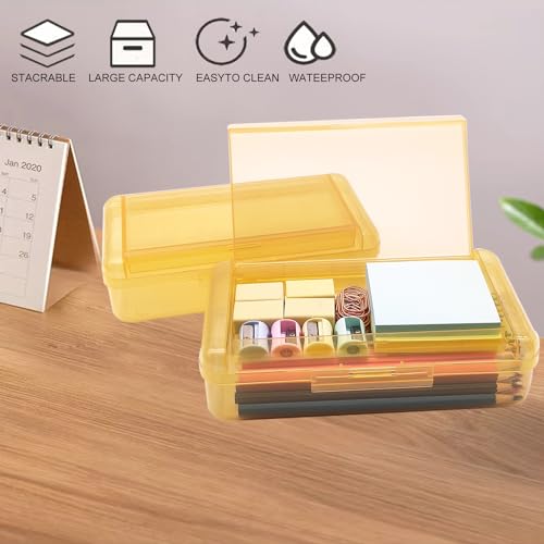 Image of 1 PCS Double Layer Large Capacity Translucent Plastic Hard Pencil Box with Snap-tight Lid, Stackable, for Office School Supplies (Yellow)