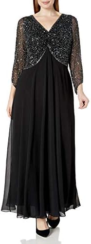 J Kara Women's Plus Size 3/4 Sleeve V-Neck Beaded Top Long Gown