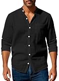 MEDUOLA Camisa de Lino para Hombre - Manga Larga con Cuello Henri y Bolsillo en el Pecho Abotonadura Delantera Estilo Casual y Transpirable (3XL,Negro)