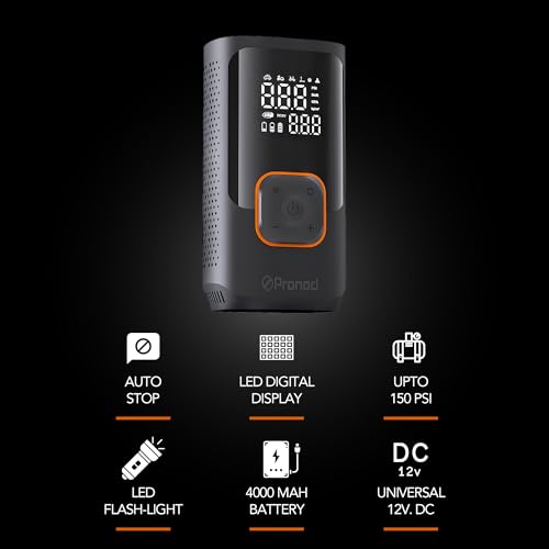 Image of Pronod Portable Tyre Inflator for Car and Bike | Tyre Inflator Kit Works |LED Display, 150 PSI, 4000 Mah Battery, Fast Inflation Pressure Detection air Pump Compressor for Cycles, Balls -12m Warranty