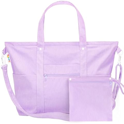 Tagitary Tote Bag for Women Travel Essentials, Purple Large Crossbody Bags with Zipper 8 Pockets Purse Organizer Storage Carry on Luggage, Beach Nurse Gym Bag Corduroy Duffle Teacher Birthday Gifts Cover