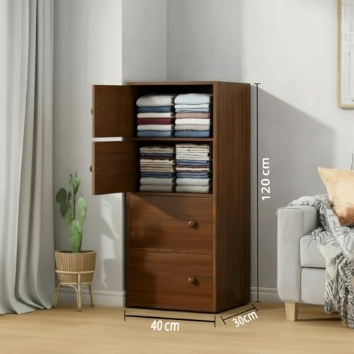 Image of 4-Door Morden Wooden Collapsible Wardrobe for Storage /Space Saving Wooden Wardrobe with Doors /Collpsible Storage Organiser /Living Room - (Walnut, 4 Layer)