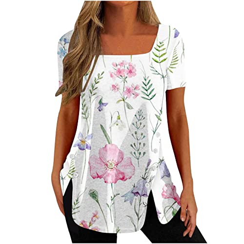 Camiseta Manga Corta Mujer Verano 2023 Moda Impresión Basic Camisa Blusa Cuello Cuadrado Camiseta Elegant Suelto Tops Casual Fiesta Cómodo T-Shirt Original tee Playa Talla Grande
