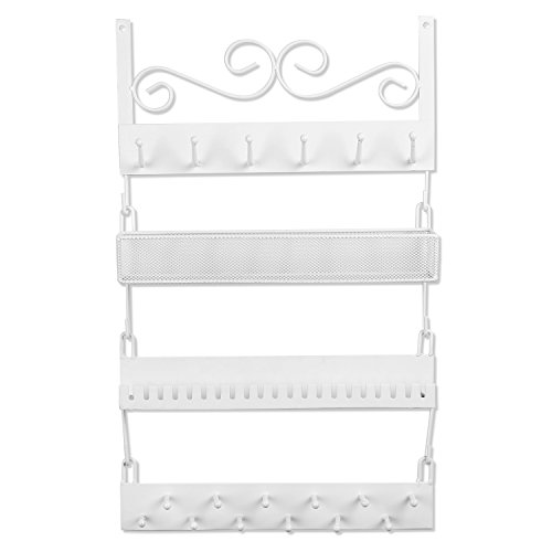 Mygift 4-Tier Wall Mounted White Metal Hanging Jewelry Organizer With 18 Hooks, Earring Holder And Necklace, Bracelet Display Rack #TOP5