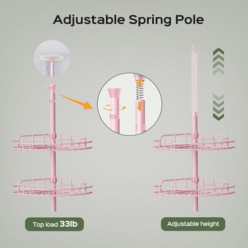 Image of HAMITOR Corner Shower Caddy Tension Pole: 4-Tier Bathroom Organizer Pink | Rust-Resistant Pink Large Capacity Bathroom Organizer, No-Drill Quick Install, Adjustable Shelves, 47.7-123.6In