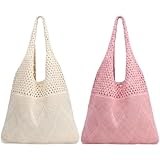 Viwnrxta 2/4 Pcs Crochet Mesh Beach Tote Bags, Summer Foldable Aesthetic Shoulder Boho Knit Bag for Women Casual Vacation Essentials (Beige + Pink)