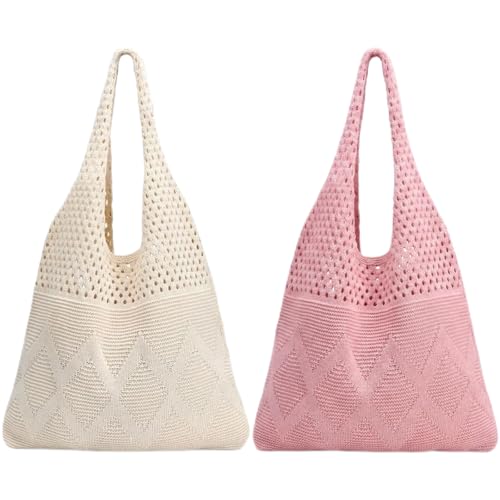 Viwnrxta 2/4 Pcs Crochet Mesh Beach Tote Bags, Summer Foldable Aesthetic Shoulder Boho Knit Bag for Women Casual Vacation Essentials (Beige + Pink)