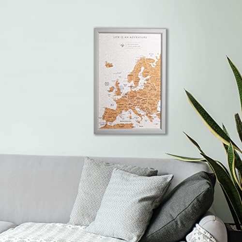 Splosh - Pin Board Map of Europe in a Grey Wooden Frame for Travel. The Travel map corkboard Comes with 2 Sets of pins to Personalise Your World Travel Adventures.