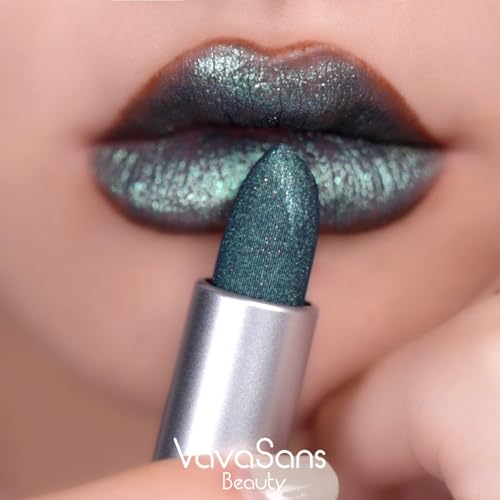 Vavasans LIPSTICK-GREEN Vegan Glitter Lipstick Turquoise Shimmer Metallic Sparkling Blue Green Shade Long Lasting Waterproof Non-Sticky Formula Diamond Shiny Highly Pigmented Lip Stick thumb #1