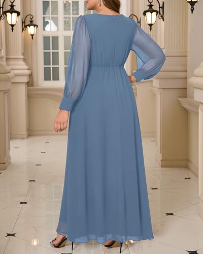 Image of Pinup Fashion Plus Formal Evening Bridesmaid Wedding Guest Fall Long Dress | Chifffon, ruched faux wrap v neck, hollow out long sleeve with buttoned cuffs, beading waist, evening, formal wedding guest