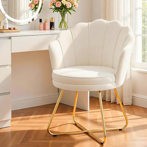 Hellove Schminktisch Stuhl aus Samt, Schminkstuhl Muschel Stuhl mit Gold Metallbeinen, Beige Vanity Sessel, Elegant Loungesessel, Armlehnstuhl für Schlafzimmer & Wohnzimmer