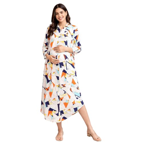 Image of MomToBe Women's Fit and Flare long Rayon Maternity Dress /Pregnancy Dress /Easy Breastfeeding Dress /Western Dress with Zippers for Nursing Pre and Post Pregnancy