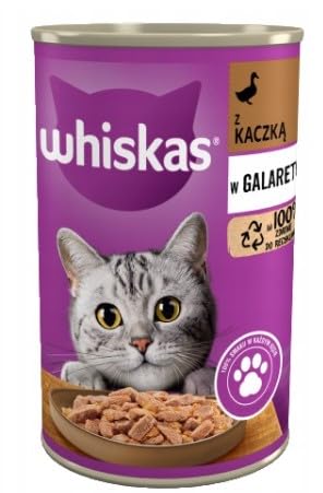 Whiskas Comida Humeda en Lata para Gatos Adult 1+ mezcla de sabor en gelatina con atún, pollo y pato, 18 latas (18 x 400 g)