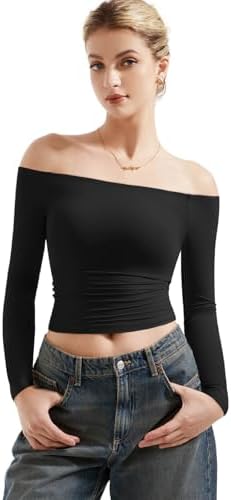 SUUKSESS Women's Off Shoulder Double Lined Long Sleeve Shirts Basic Going Out Tops Jet
