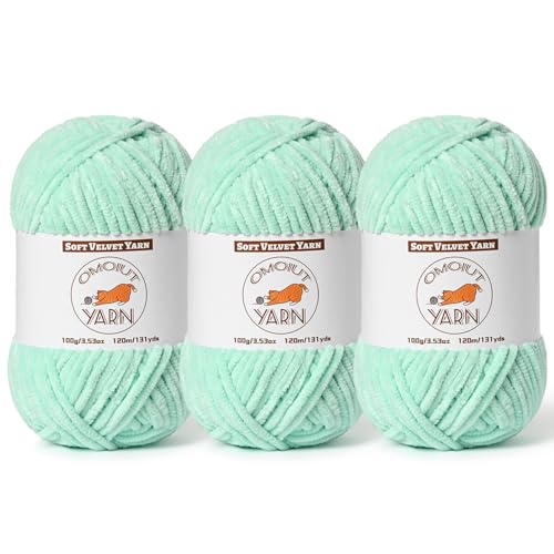 Image of 3 Pack Mint Green Fluffy Velvet Yarn for Crocheting, Chunky Chenille Baby Blanket Yarn for Crocheting, Soft Fuzzy Puzzle Yarn for Knitting, (100g /3.53oz Each) Bulky Thick Amigurumi Crochet Yarns