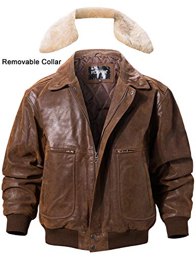 Image of FLAVOR Men's Real Leather Bomber Jacket with Removable Fur Collar Aviator