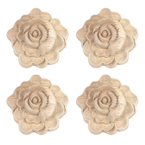 Antrader 4 Pcs Carved Wood Appliques Onlays,Unpainted Flower Shape Wood Carved Applique Frame Onlay for Cabinet Door Bed Wardrobe Furniture Decoration(7x7cm/2.76x2.76in)