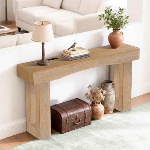 Image of Sonharlar 63 Inch Long Entryway Table Hollow, Wooden Console Table with Socket Farmhouse Sofa Table for Entrance, Hallway, Living Room,Behind Couch(Oak Brown)