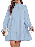 Umenlele Women’s Mock Neck Long Sleeve Tiered Ruffle Smocked Flowy A Line Babydoll Mini Dress Light Blue Large