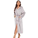 EK4YDNDS Womens Long Hooded Fleece Robe, Soft Warm Spa Bathrobe for Cozy Lightweight Loungewear(Light Grey, S/M)