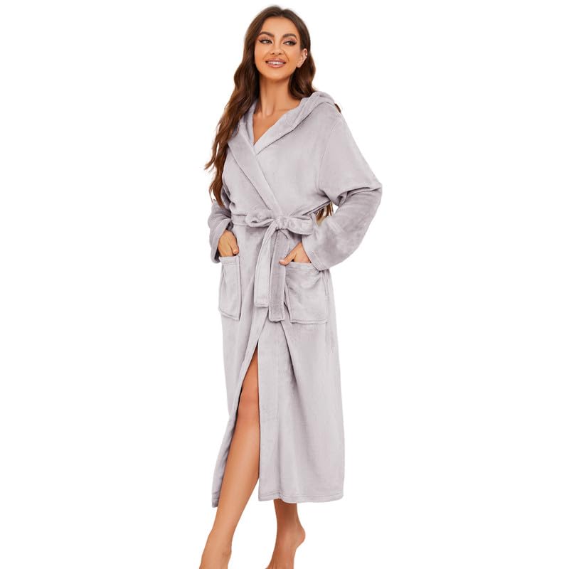 Image of Womens Long Hooded Fleece Robe, Soft Warm Spa Bathrobe for Cozy Lightweight Loungewear