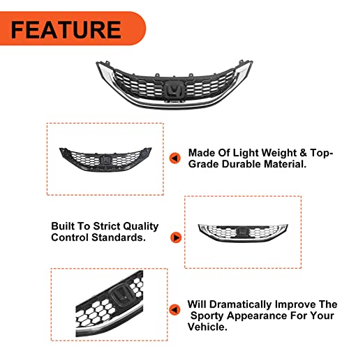 Ecotric Front Grille W/Molding Compatible With 2013-2015 Honda Civic Sedan Replacement For Ho1200216 Ho1202109 71121Tr3A01 71122Tr3A01 Front Bumper Grille Grill #TOP4