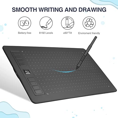 Rii Graphics Drawing Tablet 10 X 6.25In, Large Digital Drawing Tablet With 8 Hot Keys,8192 Pressure Battery-Free Stylus Pen,Graphics Tablet For Paint, Design, Art Creation Sketch #TOP1